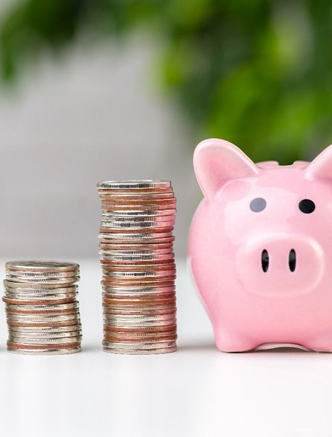 Coins next to a piggy bank